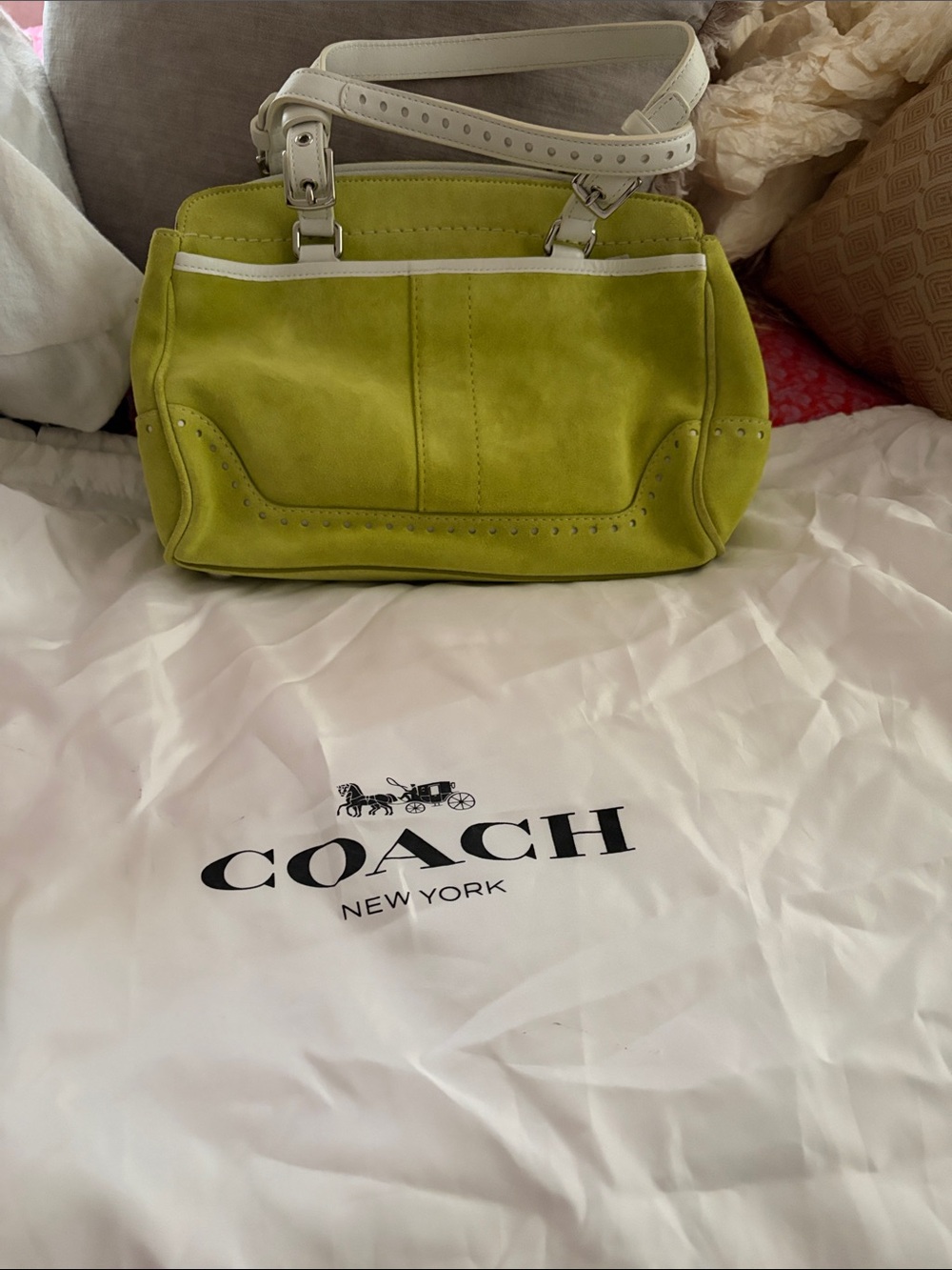 COACH Lime Green Suede Shoulder Bag with White Trim